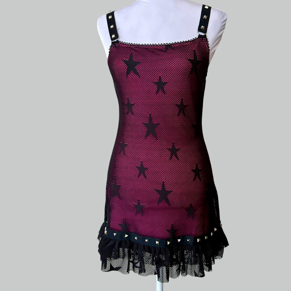 Dolls Kill Black Star Mesh Mini Dress with Magenta Lining